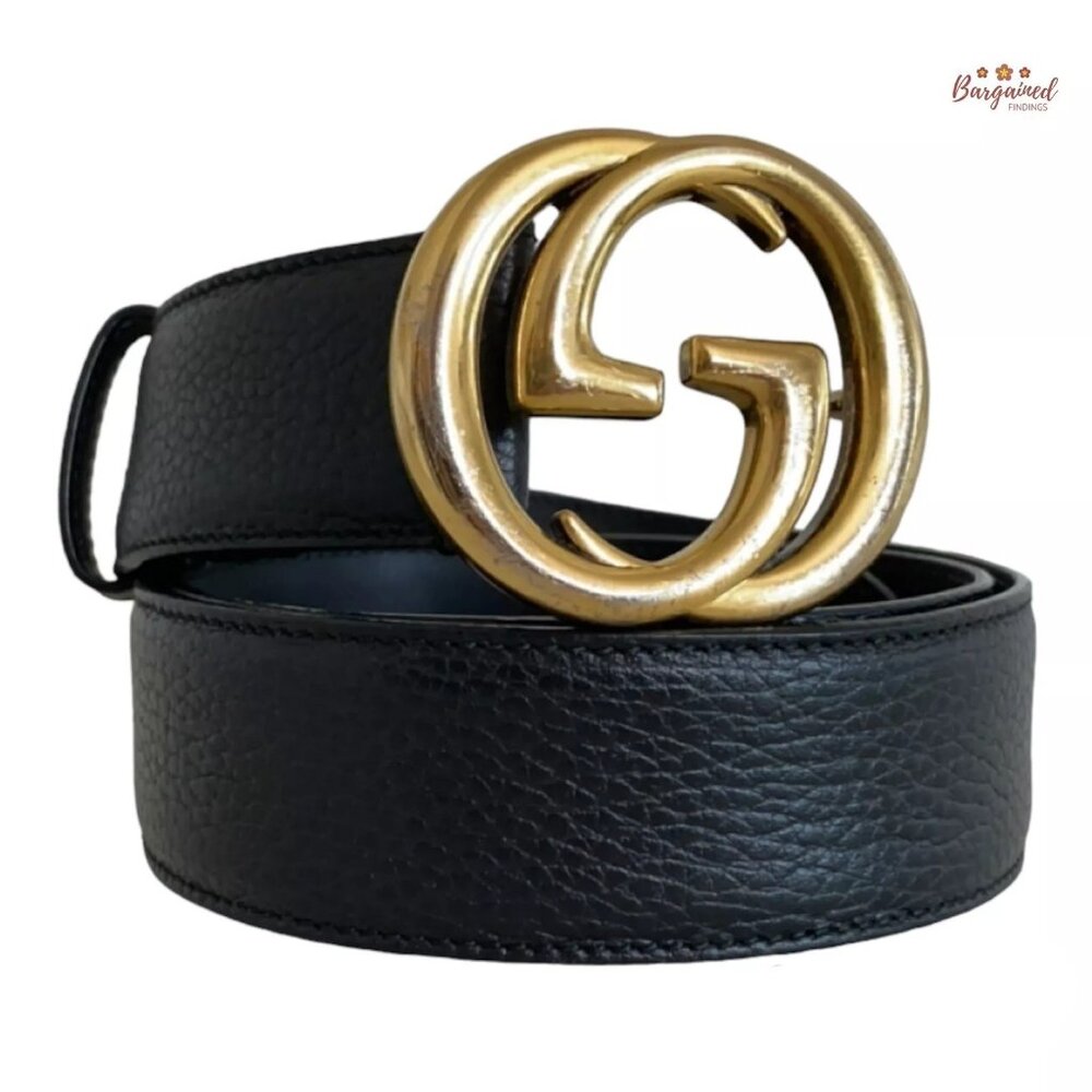 Authentic Gucci Black Pebbled Leather Gold Interlocking G Buckle Belt 95/38